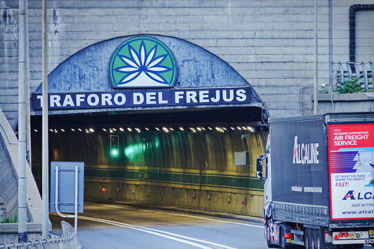 The Frejus motorway tunnel under the Alps on the border between France and Italy.  Bardonecchia, Italy - August 2020