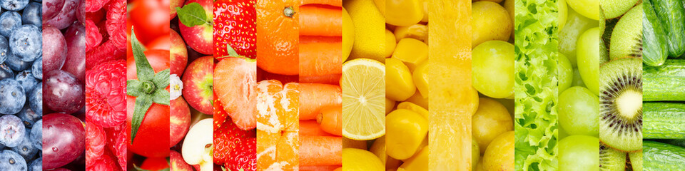 Collection of fruits and vegetables fruit collage background with berries and grapes