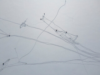 Aerial winter view of Beglika Reservoir covered with ice, Bulgaria