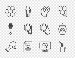 Set line Honeycomb and hand, dipper stick with honey, Beekeeper, bee location and Jar of icon. Vector