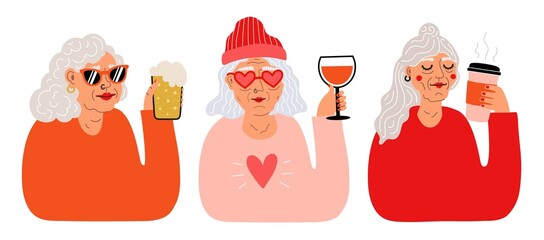 Vector set with old women with drinks. Coffee to go cup, glass of red wine and beer. Trendy print design collection, sticker templates - 486155208