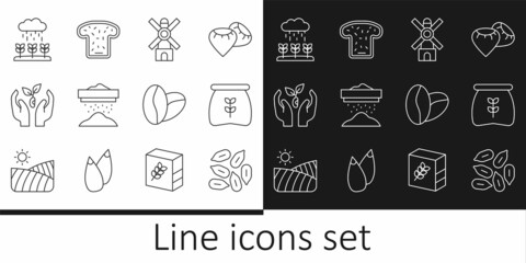 Set line Seed, Bag of flour, Windmill, Sifting, Plant hand, sprouts grow the rain, Coffee beans and Bread toast icon. Vector
