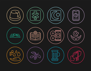 Set line Hands in praying position, Star crescent, Holy book of Koran, Muslim man prays, Turkish hat, Traditional carpet and No alcohol icon. Vector