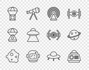 Set line Asteroid, Space capsule, Radar, Astronaut helmet, Box flying parachute, UFO spaceship, and Planet Saturn icon. Vector