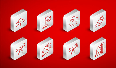 Set line Astronaut helmet, Moon with flag, Asteroid, Comet falling down fast, Telescope, UFO flying spaceship, and icon. Vector