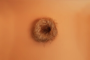 Small bird's nest made of dry grass on orange brown yellow isolated background, top view  - obrazy, fototapety, plakaty