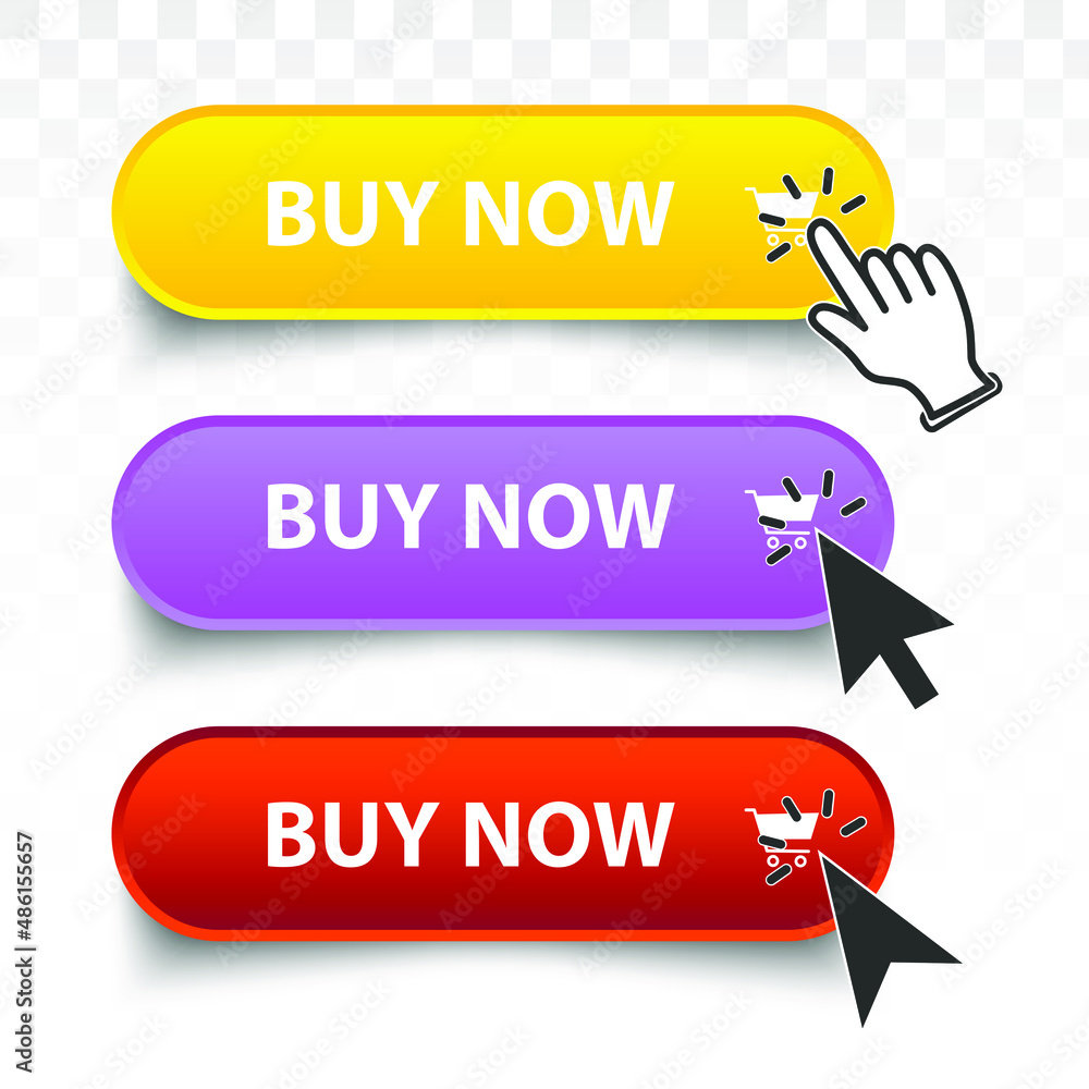 Aufkleber buy now button set icon. shop now button click mouse cursor and hand. shopping ticket vector design 