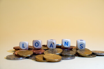 Wooden blocks with the word LOANS on pile of coins, loans concept background, closeup