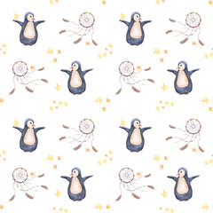 Watercolor seamless pattern with penguins and dreamcatchers on white background