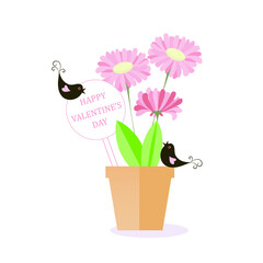 Happy Valentines Day banner. Pink flowers in pot art design stock vector illustration for web, for print,  for postcard