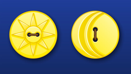 Set of two yellow plastic sewn on buttons with shadows. Sun, moon, day and night. Isolated on a blue background. Eps10 vector illustration.