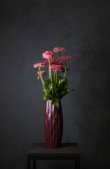 Spring background. Pink zinnia in a vase on a gray background. A bunch of beautiful flowers in a tin bucket.