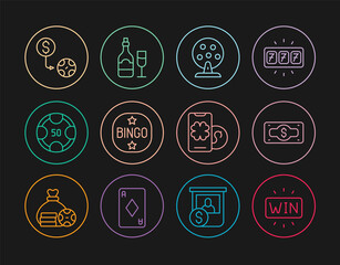 Set line Casino win, Stacks paper money cash, Lottery machine, Bingo, chips, exchange, Online poker table game and Champagne bottle with glass icon. Vector