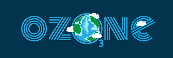 International Day for the Preservation of the Ozone Layer awareness concept vector banner. World ozone day, 16 September ecological poster with planet Earth, O3 sign, clouds around at space background - obrazy, fototapety, plakaty
