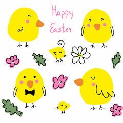 Spring season Easter chicken doodle collection. Perfect for sticker, postcard and print. Cartoon style vector illustration for decor and design.
