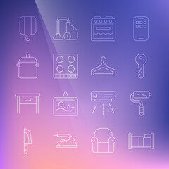Set line Bed, Paint roller brush, House key, Oven, Gas stove, Cooking pot, Cutting board and Hanger wardrobe icon. Vector
