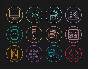 Set line Network cloud connection, Binary code, Robot setting, Algorithm, Chat, Computer monitor, Server, Data and Artificial intelligence AI icon. Vector