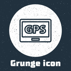 Grunge line Gps device with map icon isolated on grey background. Monochrome vintage drawing. Vector Illustration