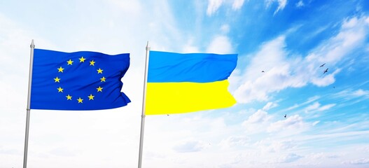 Ukraine and European Union flags on flagpoles and blue sky, 3d rendering. 8K Resolution. 