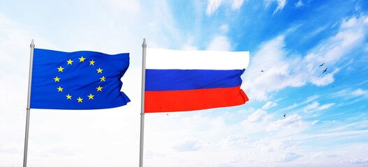 Russian and European Union flags on flagpoles and blue sky, 3d rendering. 8K Resolution. 