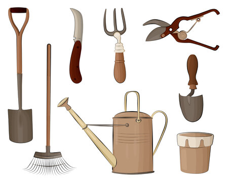 The image shows garden tools in a single style: a shovel, a rake, a knife, a watering can, a pitchfork, scissors, a small shovel, a pot.