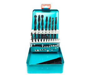 Set of drill bits in a metal box on an isolated white background.