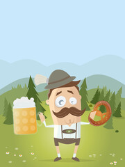 funny cartoon illustration of a bavarian man with beer and pretzel