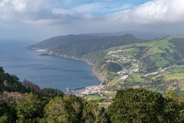 Fototapeta na wymiar Panoramic view of the southern coastline of Sao Miguel island, with Provoacao in the foreground (Azores, Portugal)