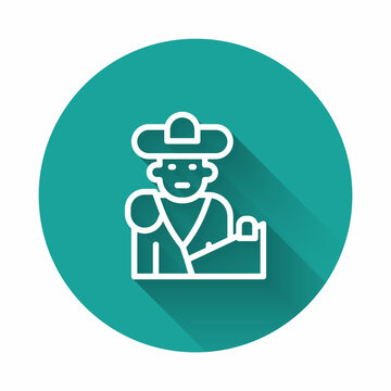 recommend clip art: White line Spain bullfight, matador icon isolated with long shadow. Traditional Spanish entertainment. Green circle button. Vector