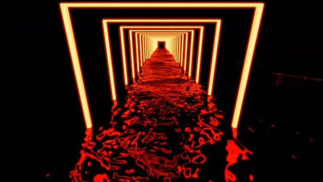 Square shaped tunnel with rippling water. Design. Abstract glowing red futuristic corridor with lamp frames and reflection of neon light in water, movement of liquid waves.