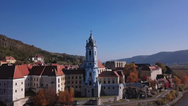 Aerial of Durnstein, Wachau valley, Austria.