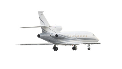 Modern corporate business jet during flight, isolated on white background, back view close up