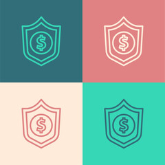 Pop art line Shield with dollar symbol icon isolated on color background. Security shield protection. Money security concept. Vector