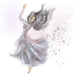Fototapeta premium Dancing woman in beautiful dress with flowers illustration
