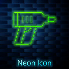 Glowing neon line Electric cordless screwdriver icon isolated on brick wall background. Electric drill machine. Repair tool. Vector