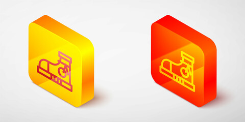 Isometric line Fitness sneakers shoes for training, running icon isolated on grey background. Sport shoes. Yellow and orange square button. Vector