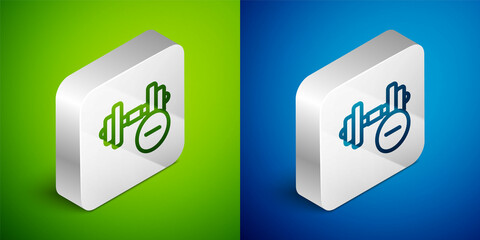 Isometric line Dumbbell icon isolated on green and blue background. Muscle lifting, fitness barbell, sports equipment. Silver square button. Vector