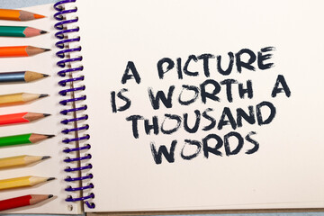 A picture is worth a thousand words Message. Recycled paper note pinned on cork board.