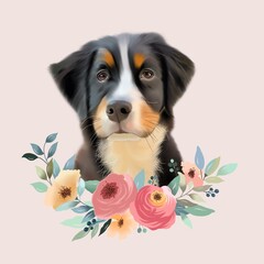 puppy with flowers - obrazy, fototapety, plakaty