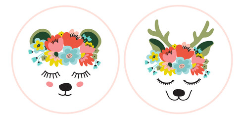 The face of a cute deer and bear, a wreath of flowers on his head. Eyes closed and smiling. Vector flat illustration.