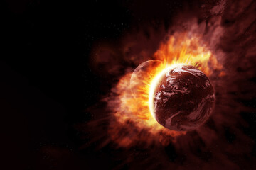 Collision of planets in space. Elements of this image furnished by NASA
