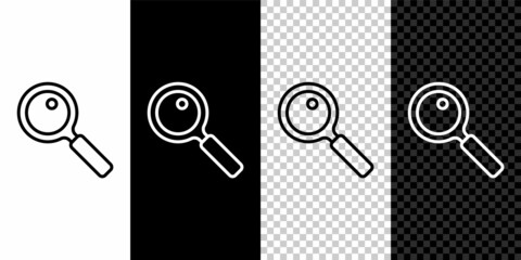 Set line Magnifying glass icon isolated on black and white, transparent background. Search, focus, zoom, business symbol. Vector