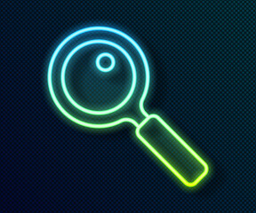 Glowing neon line Magnifying glass icon isolated on black background. Search, focus, zoom, business symbol. Vector