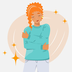 Beautiful young woman with red curly hair. Self love concept illustration. For banners, cards, posters, prints. . Vector illustration