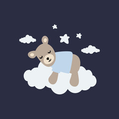  Cute baby bear sleeping on a cloud. Vector illustration.