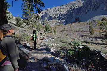 Hikers on trail, Onion Valley, California, USA, MR