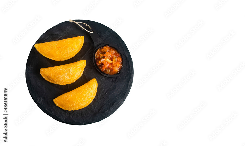 Sticker Fried empanadas with spicy sauce - Typical Colombian food