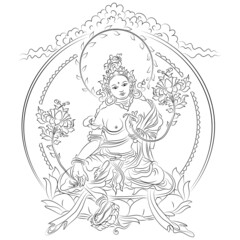 Tibetan buddhism icon of green tara sitting on lotus with lotuses in hands outline black white vector illustration