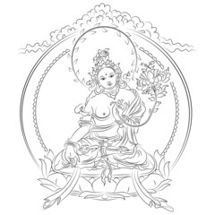 Tibetan buddhism icon of white tara sitting on lotus with lotus in hands outline black vector illustration - obrazy, fototapety, plakaty