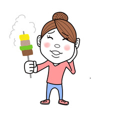 バーベキューで串焼きを食べるキャンプ女子